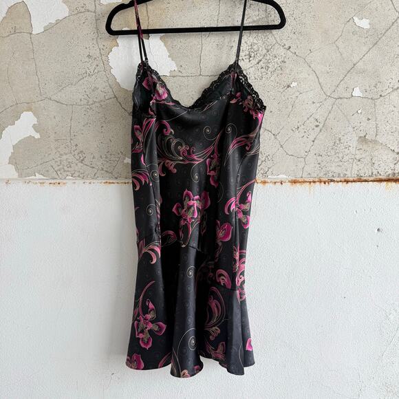 Vtg Delicates Satin Slip Dress + Robe Set Black Pink Baroque Lace Trim 2 Piece M - Picture 5 of 14
